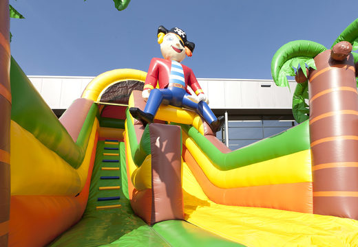 Pirate themed inflatable slide with a splash pool, impressive 3D object, fresh colors and the 3D obstacles for kids. Order inflatable slides now online at JB Inflatables UK