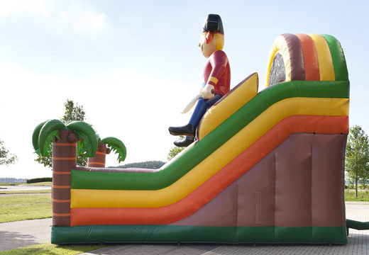 Unique multifunctional slide in a pirate theme with a splash pool, impressive 3D object, fresh colors and the 3D obstacles for children. Buy inflatable slides now online at JB Inflatables UK