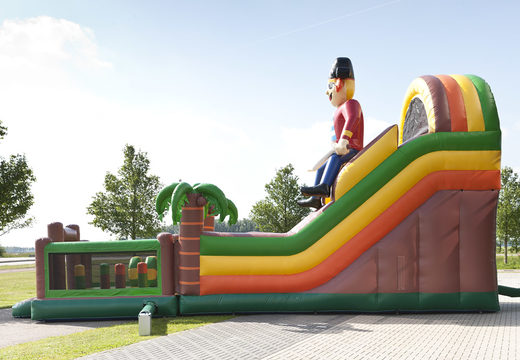 Pirate themed multifunctional inflatable slide with a splash pool, impressive 3D object, fresh colors and the 3D obstacles to buy for children. Order inflatable slides now online at JB Inflatables UK