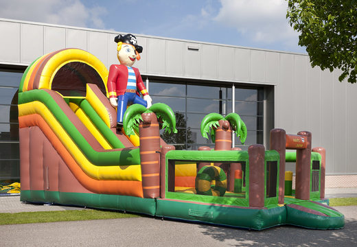 Multifunctional inflatable slide in a pirate theme with a splash pool, impressive 3D object, fresh colors and the 3D obstacles for children. Buy inflatable slides now online at JB Inflatables UK