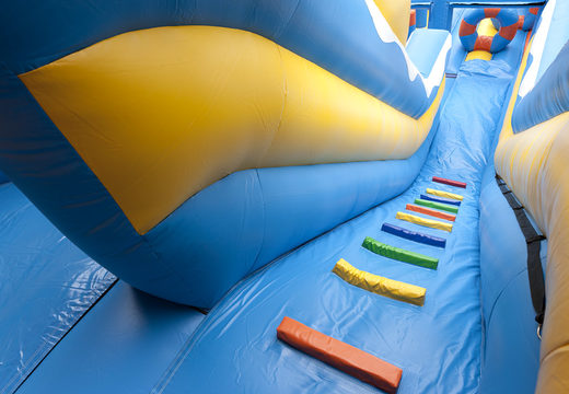 Impressive inflatable clownfish themed slide with a splash pool for kids. Buy inflatable slides now online at JB Inflatables UK