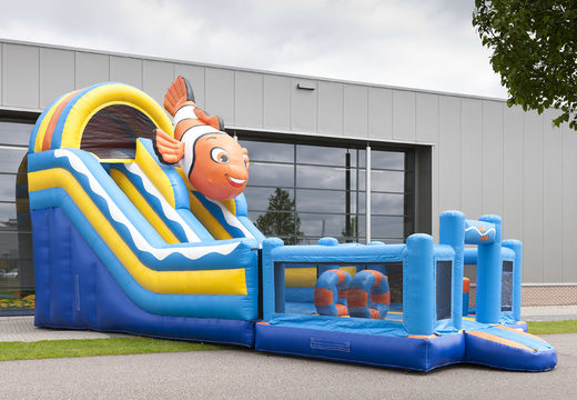 Inflatable multifunctional slide in clownfish theme with a splash pool, impressive 3D object, fresh colors and the 3D obstacles for children. Order inflatable slides now online at JB Inflatables UK