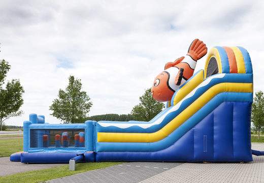 Order an inflatable multifunctional slide with a clownfish theme with a splash pool, impressive 3D object, fresh colors and the 3D obstacles for children. Buy inflatable slides now online at JB Inflatables UK