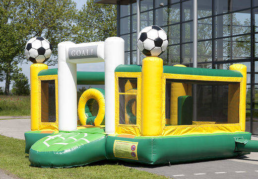 Order an inflatable multifunctional slide in the football theme with a splash pool, impressive 3D object, fresh colors and the 3D obstacles for kids. Buy inflatable slides now online at JB Inflatables UK