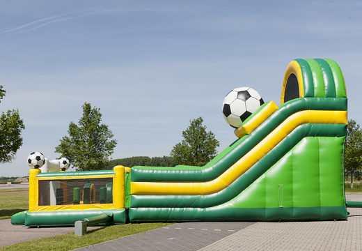 Inflatable multifunctional slide in football theme with a splash pool, impressive 3D object, fresh colors and the 3D obstacles for children. Order inflatable slides now online at JB Inflatables UK