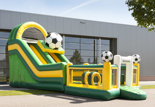 Multifunctional inflatable slide in football theme with a splash pool, impressive 3D object, fresh colors and the 3D obstacles for children. Buy inflatable slides now online at JB Inflatables UK
