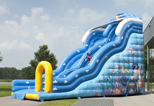 Get your wave themed inflatable slide with wavy sliding surface and fun underwater world prints for kids. Order inflatable slides now online at JB Inflatables UK