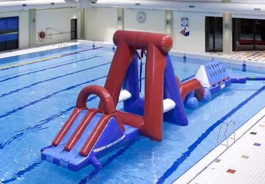 Order double inflatable Water obstacle run pool obstacle course with two climbing walls, a balancing object, a swing tower and a slide for kids. Buy inflatable obstacle courses online now at JB Inflatables UK