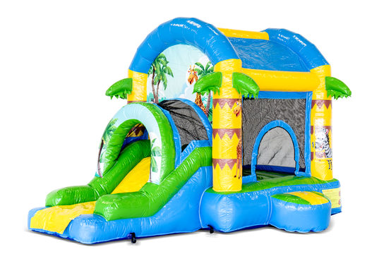 Buy a large indoor inflatable bouncy castle in the theme of jungle fun with a slide for children. Order inflatable bouncy castles online at JB Inflatables UK