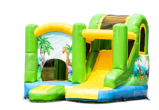 Buy a small indoor inflatable multiplay bounce house with slide in a jungle theme for kids. Order inflatable bounce houses online at JB Inflatables UK