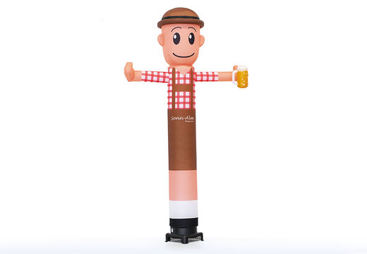 Personalized Sonn Alm lederhosen waving skyman with a beer in hand skydancers & skytubes made at JB Promotions UK. Promotional Inflatable Tubes made in all shapes and sizes at JB Inflatables UK