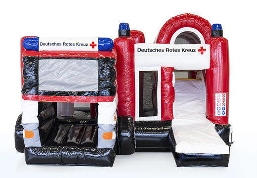 Order inflatable custom made Red Cross Multiplay bouncy castle with slide at JB Inflatables UK. Request a free design for inflatable bouncy castles in your own corporate identity now