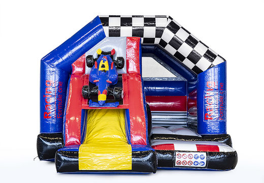 Inflatable slide combo bouncy castle in theme formula 1 for sale for children. Order now inflatable bouncy castles with slide at JB Inflatables UK