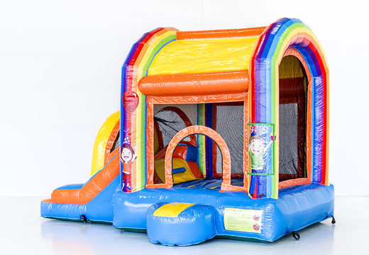 Small multiplay inflatable bouncy castle in party theme with a slide, for children. Buy inflatable bouncy castles online at JB Inflatables UK