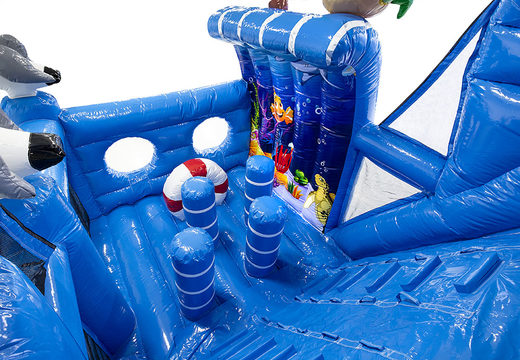 Buy inflatable 9 meter obstacle course with seaworld themed 3D objects for kids. Order inflatable obstacle courses now online at JB Inflatables UK