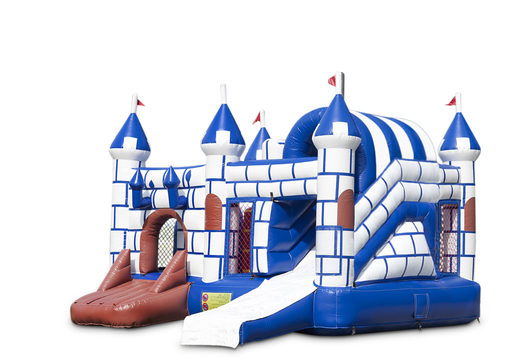 Buy indoor inflatable multiplay bouncy castle in theme blue and white castle with slide for children. Order inflatable bouncy castles online at JB Inflatables UK