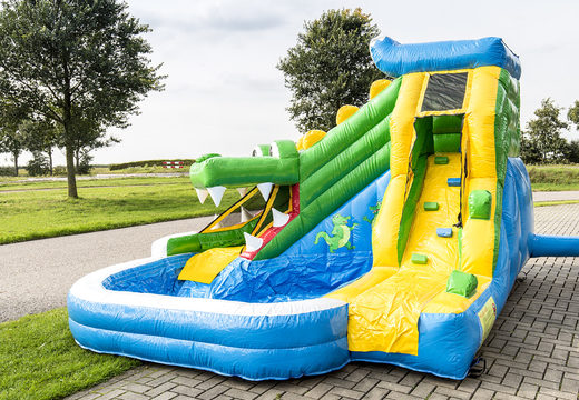 Buy large inflatable bouncy castle with pool in theme crocodile splashy for children. Order bouncy castles online at JB Inflatables UK