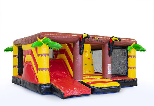 Cutom made Van der Valk - Indoor bouncy castles with slide, a climbing tower and obstacles made in the house style at JB Promotions UK. Custom made promotional inflatables in all types, sizes, models and colors