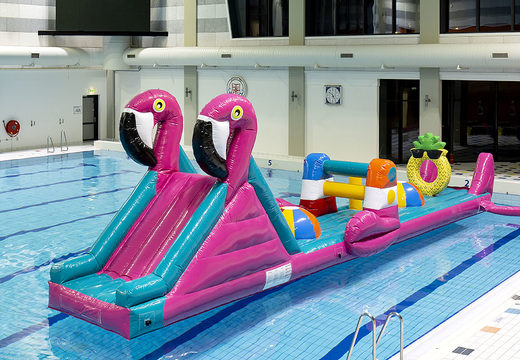 Buy an inflatable 12 meter long Flamingo Run swimming pool obstacle course for both young and old. Order inflatable water attractions now online at JB Inflatables UK