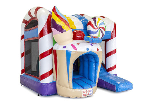 Mini inflatable multiplay bouncy castle in candy theme for children. Order inflatable bouncy castles online at JB Inflatables UK
