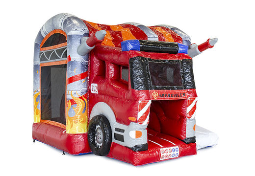 Mini inflatable multiplay bouncy castle in fire brigade theme for children. Order inflatable bouncy castles online at JB Inflatables UK