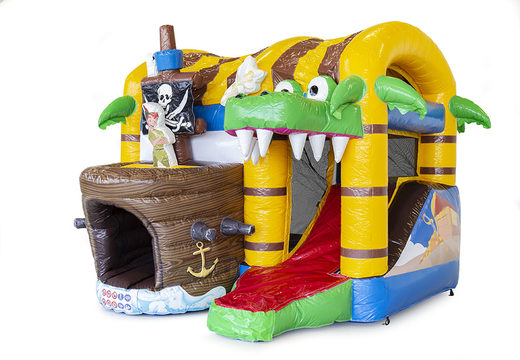 Buy a small indoor inflatable multiplay bouncy castle in pirate theme with slide for children. Order inflatable bouncy castles online at JB Inflatables UK