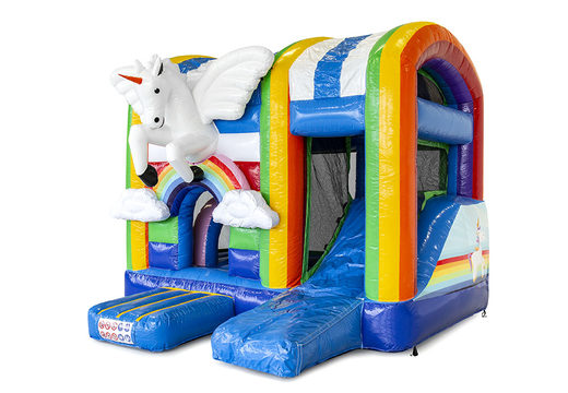 Buy a small indoor inflatable multiplay bouncy castle in the theme unicorn with slide for children. Order inflatable bouncy castles online at JB Inflatables UK