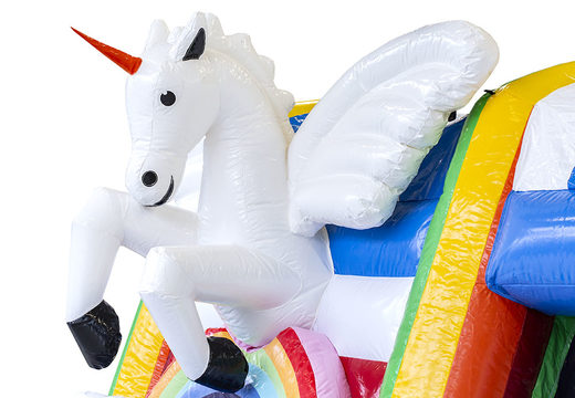 Buy mini inflatable multiplay bouncy castle in unicorn theme for kids. Order inflatable bouncy castles online at JB Inflatables UK