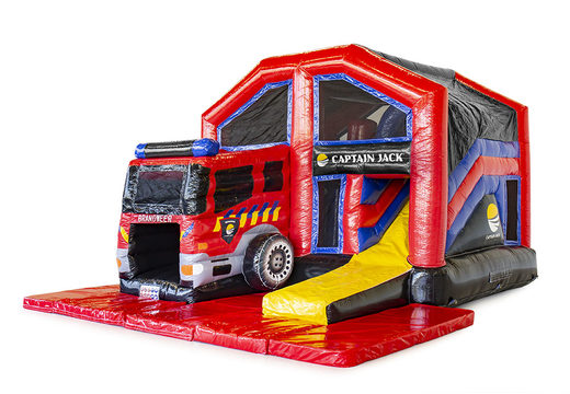 Order custom made inflatable Captian Jack Multiplay Fire Brigade Indoor bouncy castles online at JB Promotions UK; specialist in inflatable advertising items such as custom bouncy castles