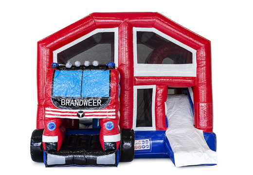 Multiplay bouncy castle with slide in fire department theme for children. Buy inflatable bouncy castles online at JB Inflatables UK