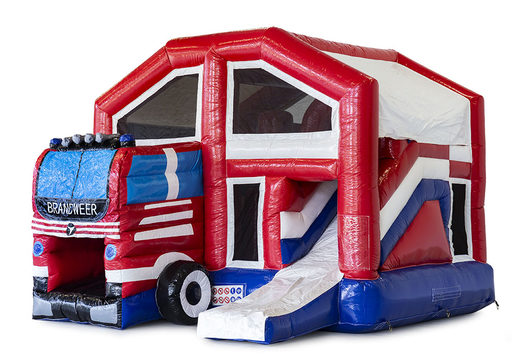 Buy an inflatable indoor multiplay bouncy castle with slide in the theme of fire brigade for children. Order inflatable bouncy castles online at JB Inflatables UK