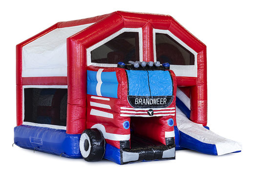 Medium inflatable multiplay bouncy castle in fire department theme for children. Order inflatable bouncy castles online at JB Inflatables UK