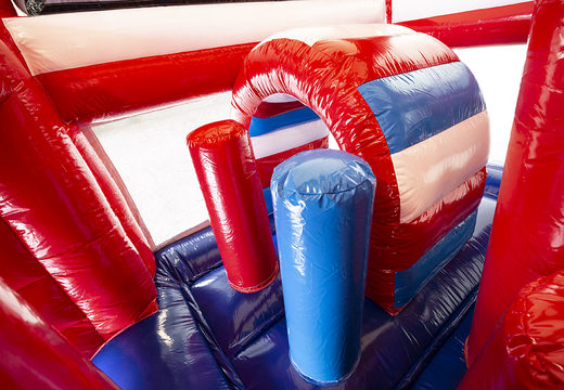 Buy multiplay fire brigade bouncer with a slide, pillars on the jumping surface and striking 3D object for kids. Order inflatable bouncers online at JB Inflatables UK