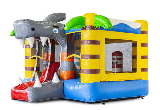 Mini multiplay shark-themed bouncy castle to buy with slide for kids. Order inflatable bouncy castles online at JB Inflatables UK