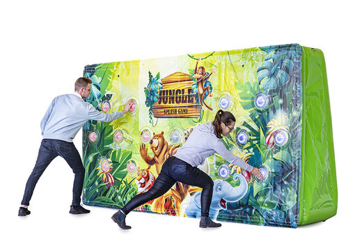 Order inflatable IPS Splash Wall in Jungle theme action photo Jeroen Zwiers with a water sprayer at the top for both young and old. Buy inflatable IPS Splash Walls now online at JB Inflatables UK 