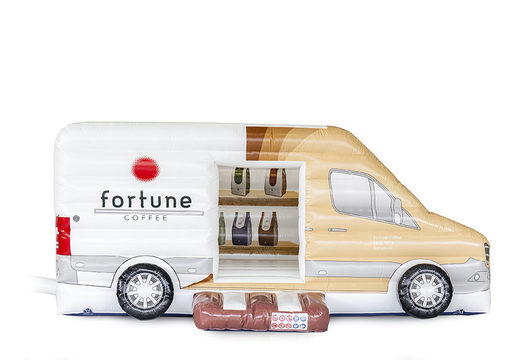Order now bespoke Fortune Coffee bus bouncy castles, available in any size, shape and full color printing at JB Promotions UK. Promotional bouncy castles in all shapes, sizes and colors made at JB Promotions UK