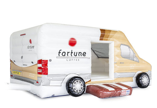 Buy custom made Fortune Coffee bus bouncy castles, available in any size, shape and full color printing at JB Promotions UK. Request a free design for inflatable bouncy castles in your own corporate identity now