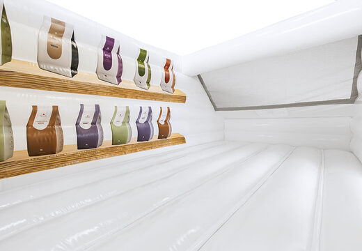 Buy custom made Fortune Coffee bus bouncy castles, available in any size, shape and full color printing at JB Promotions UK. Order custom made promotional bouncy castles at JB Promotions UK