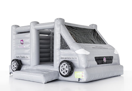 Bespoke white-colored Aert truck bus bouncy castles for events for sale at JB Promotions UK. Order custom-made advertisement bouncy castles in different shapes and sizes