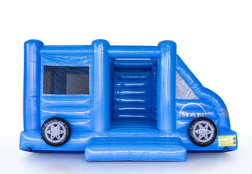Buy custom made Man Truck and Bus blue-colored delivery van inflatable bouncy castles in different shapes and sizes at JB Inflatables; Specialist in inflatable advertising items such as custom-made bouncy castles