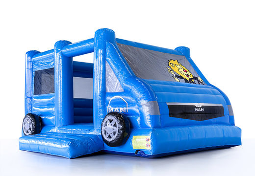 Promotional blue-colored Man Truck and Bus van inflatable bouncy castle for events for sale. Buy customized inflatable promotional bouncy castles online at JB Inflatables 