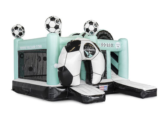 Bespoke pastel blue Yali Air Multiplay soccer bouncy castle made in your own corporate identity at JB Promotions UK . Order online promotional inflatables in all shapes and sizes