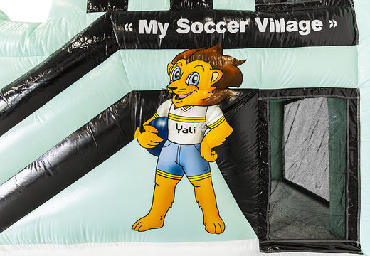 Order online a custom made inflatable pastel blue Yali Air Multiplay soccer bouncy castle fully equipped with a custom football theme at JB Promotions UK ; specialist in inflatable advertising items such as custom bouncers