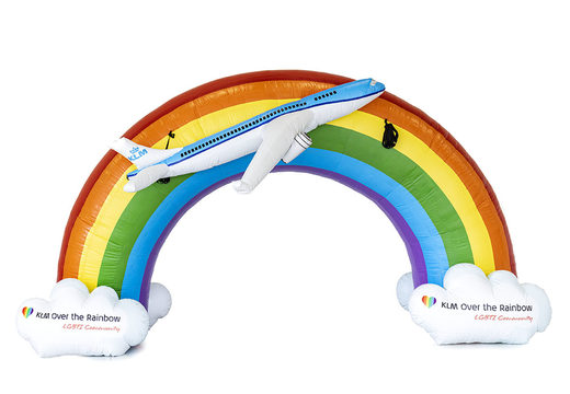 Buy a custom made rainbow inflatable advertisement arch with 3D airplane at JB Promotions UK. Request a free design for an promotional inflatable arch in your own style now