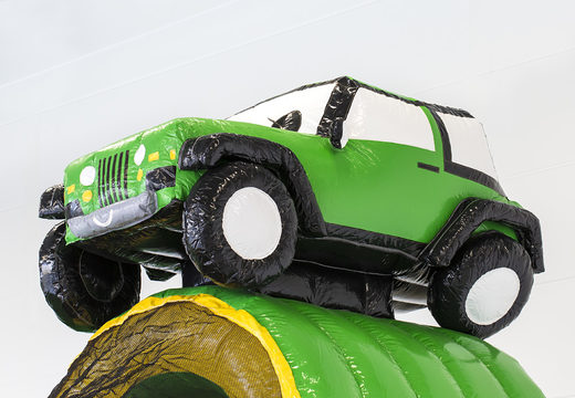 Order custom made inflatable PKS - Jungle bouncy castle with 3D object of a Jeep at JB Inflatables UK. Request a free design for inflatable bouncy castle in your own corporate identity now