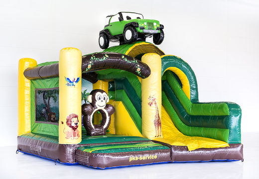 Order online a bespoke inflatable PKS - Jungle bouncy castle with 3D object of a Jeep at JB Promotions UK; specialist in inflatable advertising items such as custom made bouncers