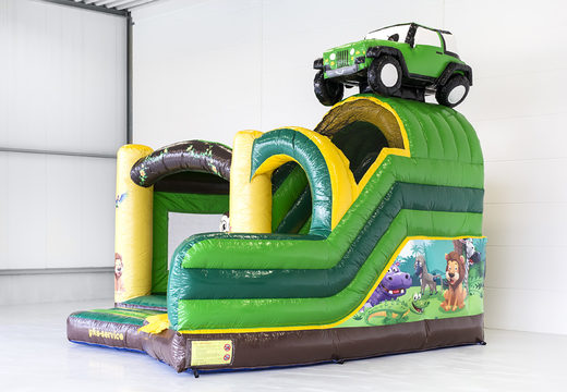 Personalized promotional PKS - Jungle bouncy castle with 3D object of a Jeep made at JB Promotions UK. Bespoke bouncy castles in all shapes and sizes available at JB Promotions