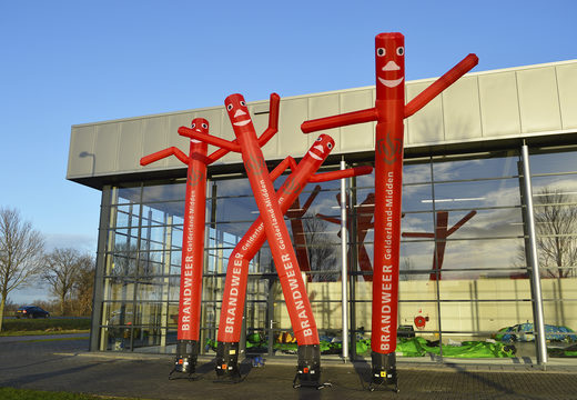 Inflatable Fire Brigade Gelderland middle sky dancer in signal color red, custom made at JB Promotions UK; specialist in inflatable advertising items such as inflatable tubes