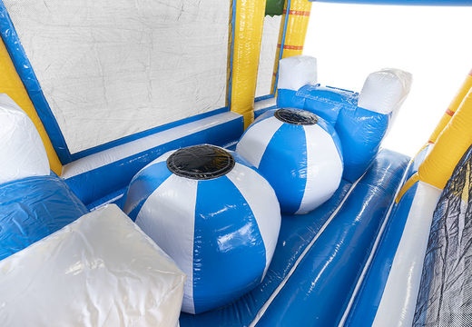 Order modular 19 meter long obstacle course in surf theme with matching 3D objects for children. Buy inflatable obstacle courses online now at JB Inflatables UK