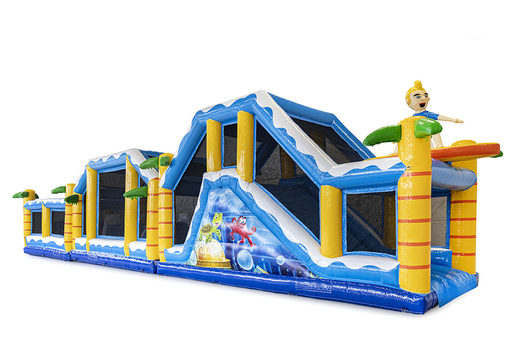 Inflatable 19 meter modular obstacle course in surf theme with matching 3D objects for children. Buy inflatable obstacle courses online now at JB Inflatables UK
